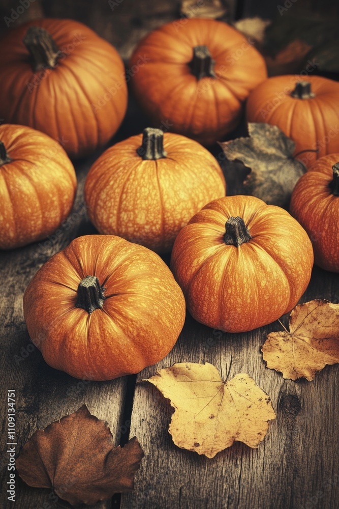 Autumnal arrangement of pumpkins and leaves on a wooden table, perfect for seasonal decor or harvest-themed events Autumnal arrangement of pumpkins and leaves on a wooden table, perfect for seasonal decor or harvest-themed events