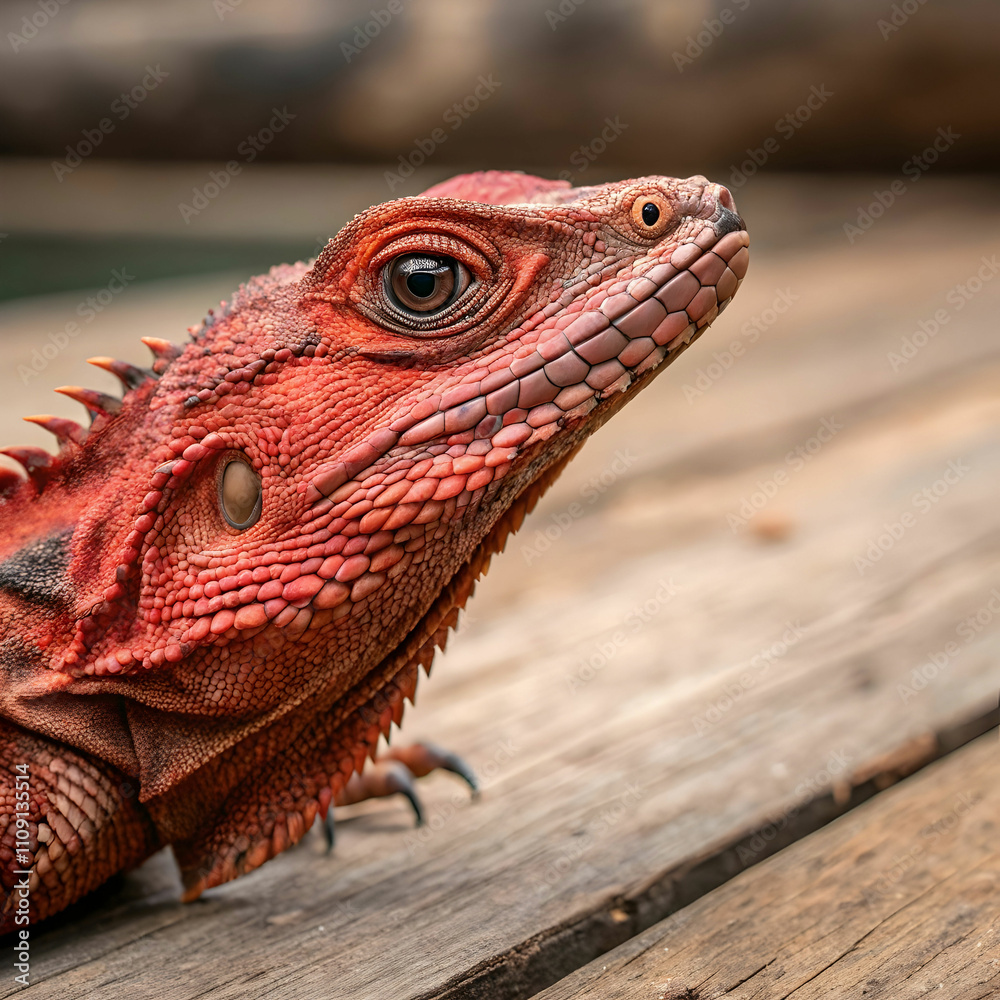 Obraz premium red iguana closeup head on wood red iguana closeup