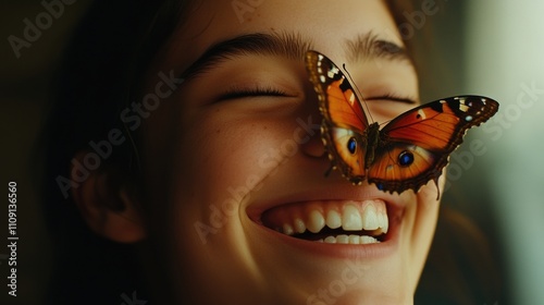 A smiling woman with a butterfly perched on her nose