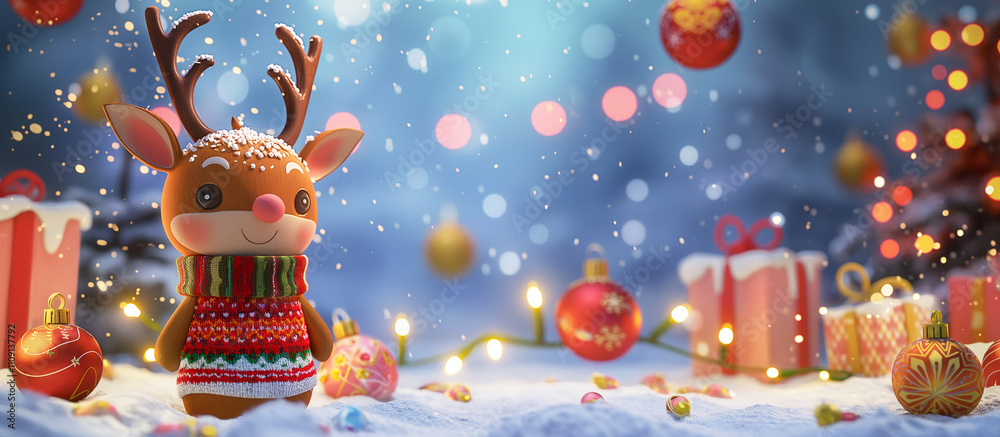 Cheerful 3D Christmas scene with playful reindeer amidst gifts and pastel winter vibes Cheerful 3D Christmas scene with playful reindeer amidst gifts and pastel winter vibes