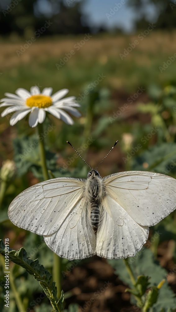 Obraz premium White cabbage butterfly in a field.