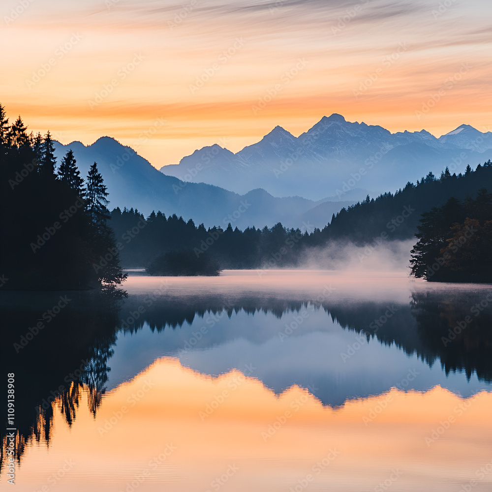Fototapeta premium A tranquil landscape showcasing a stunning sunrise over misty mountains, perfectly mirrored on the calm surface of a secluded lake. Captures nature's peaceful essence.