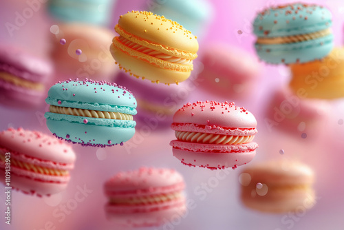 Vibrant macaron collection floating in a dreamy pastel atmosphere filled with sprinkles. Generative AI