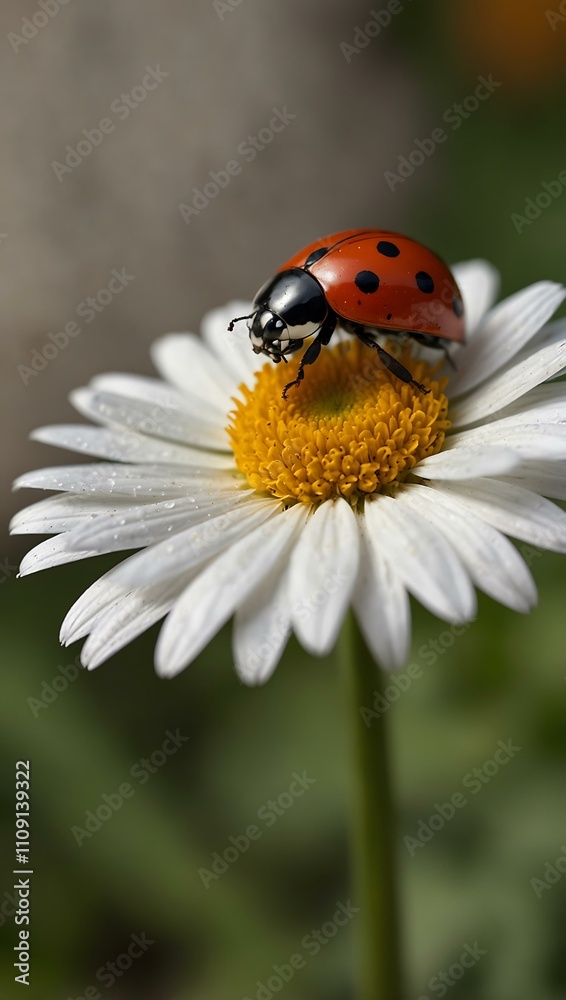 Obraz premium White daisy with a ladybug on its petals.