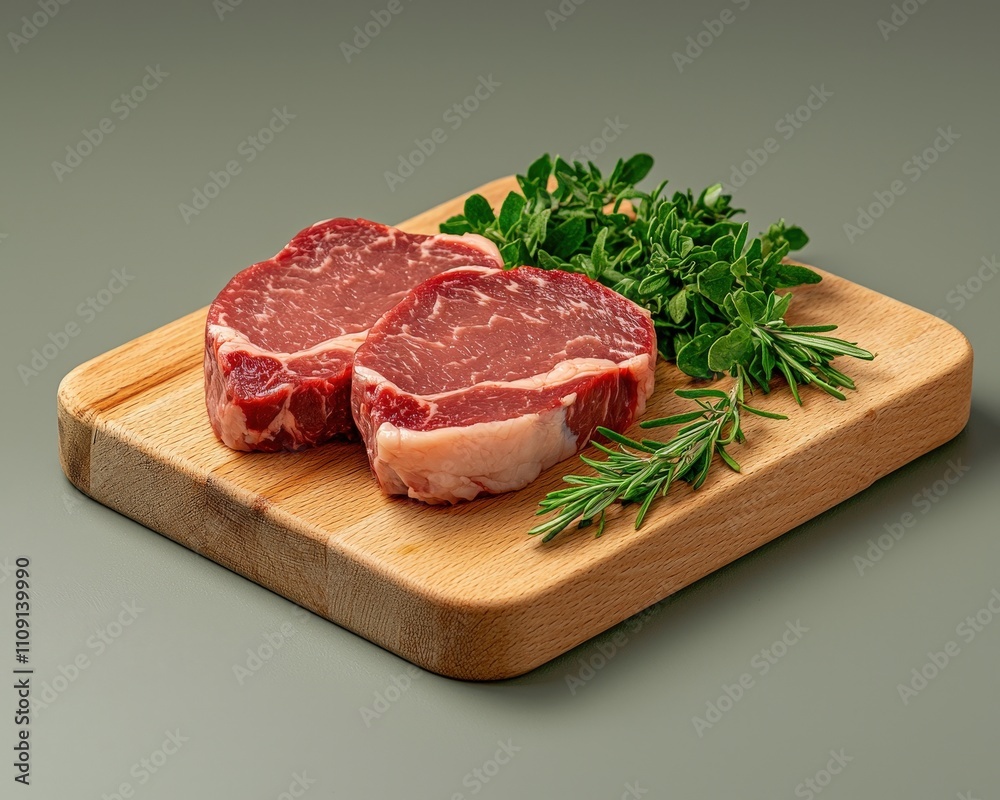 Fresh Steak Cuts with Herbs on Wooden Board Fresh Steak Cuts with Herbs on Wooden Board