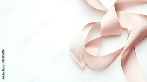 Elegant pink satin ribbon gracefully draped on a clean white surface, perfect for gift wrapping or wedding decorations. Ideal for festive themes.