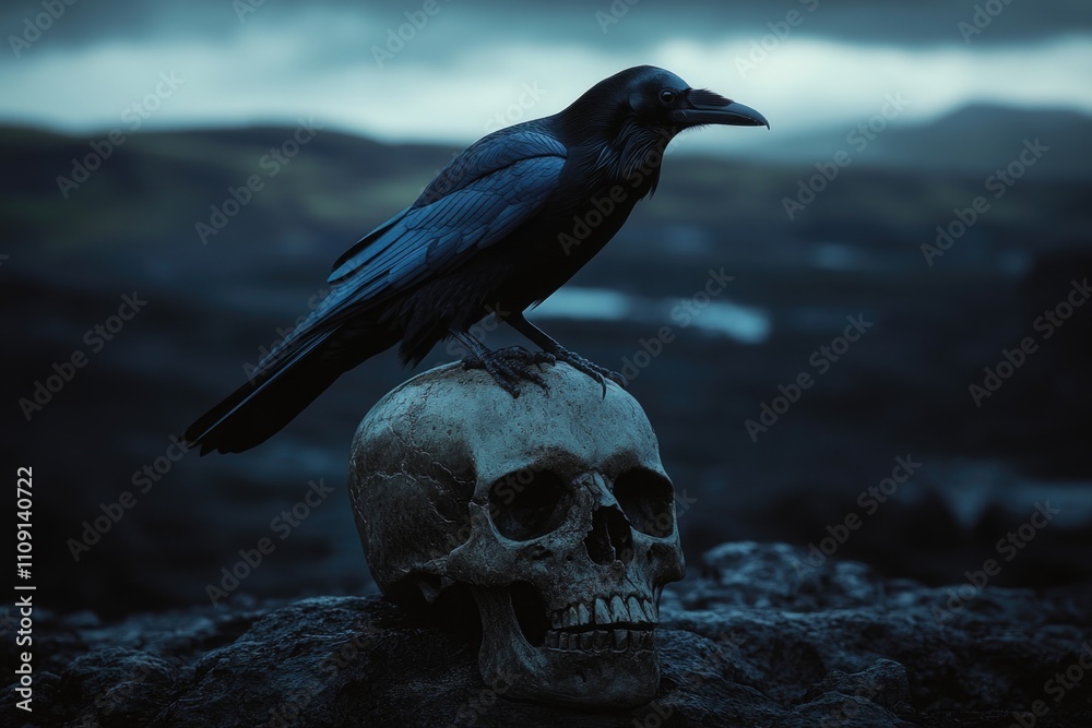 Fototapeta premium A black bird sits atop a skull, suggesting dark and mysterious themes