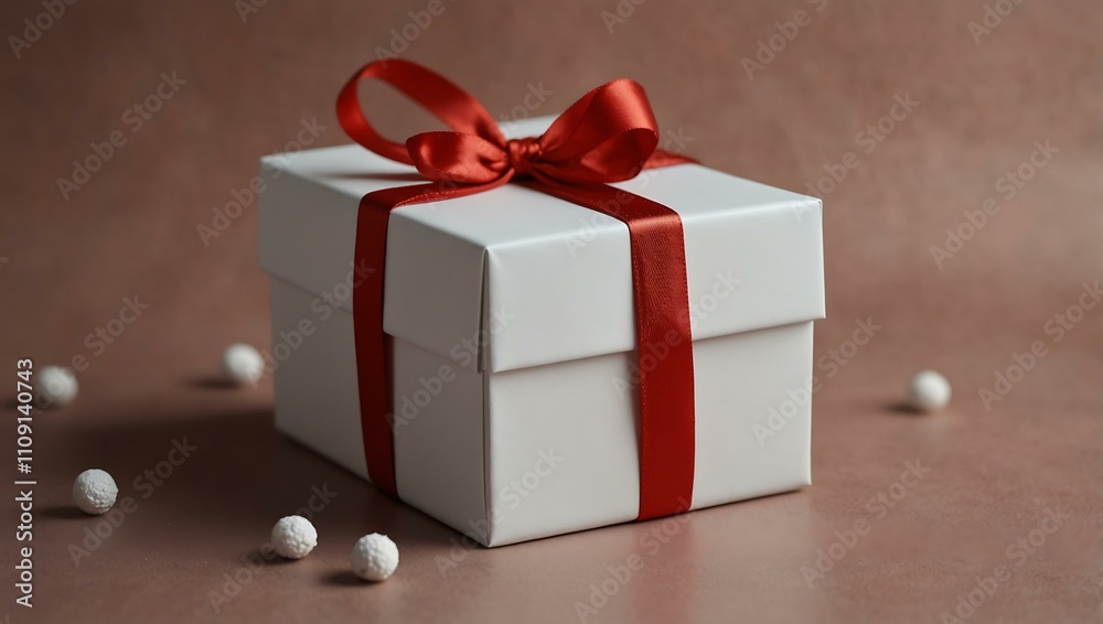 Fototapeta premium White gift box with Christmas decor on color background