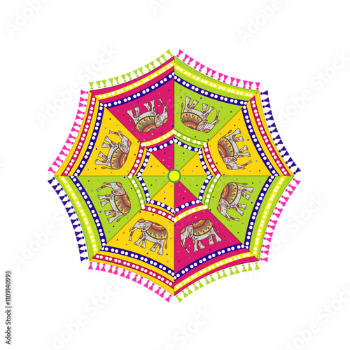 umrebllaTraditional colorful decorative umbrella with colorful tassles and Rajasthani ethnic prints design for Indian wedding ceremonies like haldi function, mehendi invite, bhaat, maayra, carnival