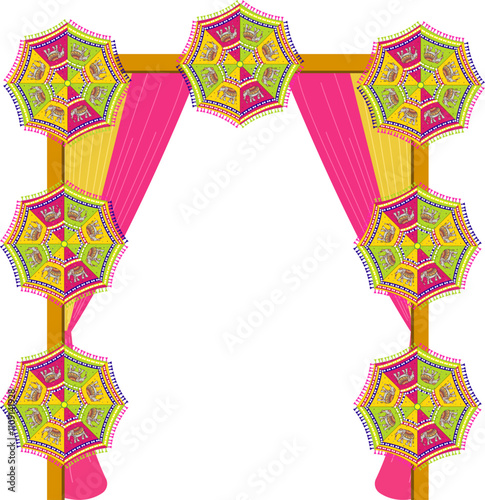 Colorful backdrop setup decor with colorful Rajasthani traditional pattern umbrellas and colorful curtains illustrations for Indian ceremony like haldi mehendi wedding reception bhaat maayra