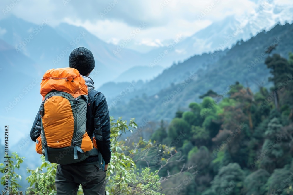 A person standing on a mountain with a backpack, possibly hiking or exploring A person standing on a mountain with a backpack, possibly hiking or exploring