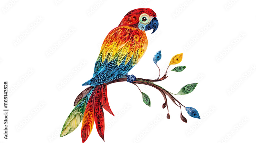 Fototapeta premium Vibrant Colorful Parrot Paper Quilling Art in Tropical Setting