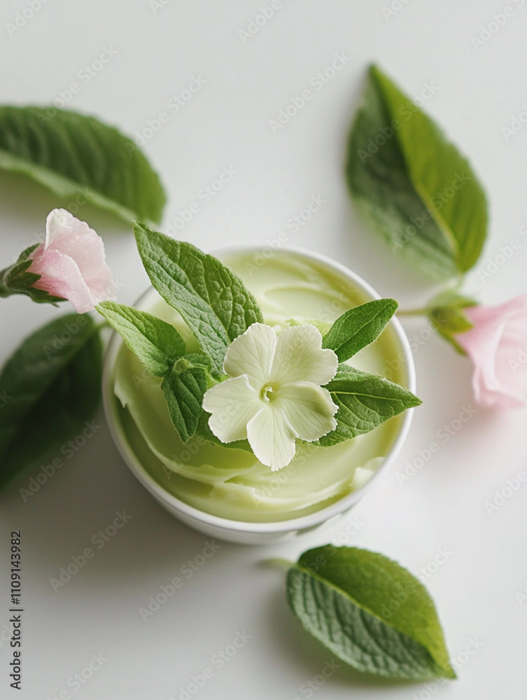 A jar of cream on a white background with leaves A jar of cream on a white background with leaves