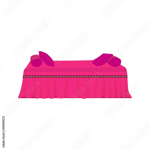 Colorful decorative pink sofa seat setup with ethnic decorative pillows for Indian wedding ceremony invite, haldi backdrop decor, mehendi background, traditional Rajasthani invite
 photo