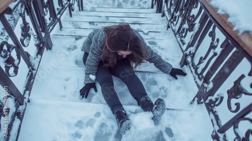 Woman slipping and falling on a wintry staircase with smooth icy steps, experiencing a dangerous winter accident, and highlighting the importance of safety precautions in slippery conditions