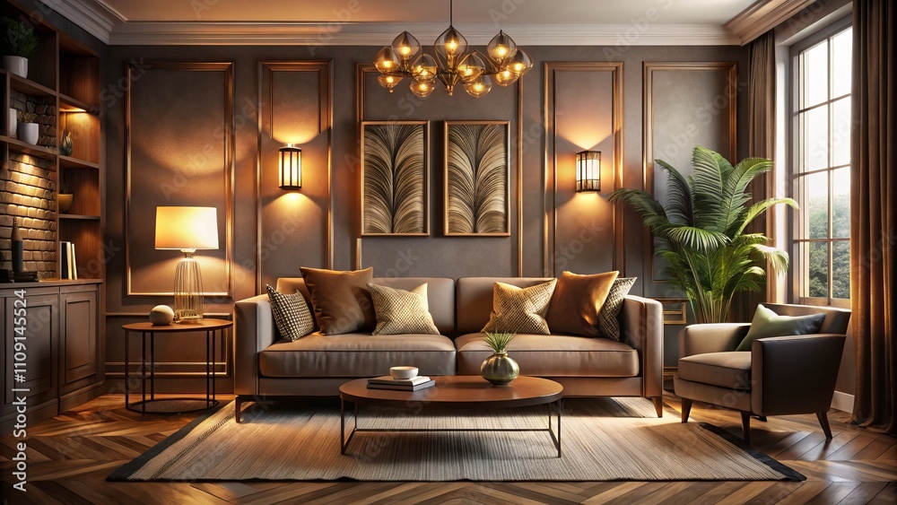 Fototapeta premium Cozy Nighttime Apartment Living Room in Art Deco Style with Soft Lighting, Minimalist Decor, Plush Textures, and Elegant Accents for a Relaxing Atmosphere