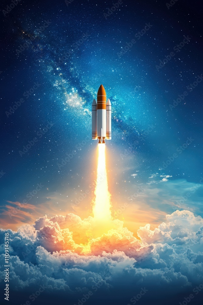 Naklejka premium Rocket Launching into Space with Bright Flames