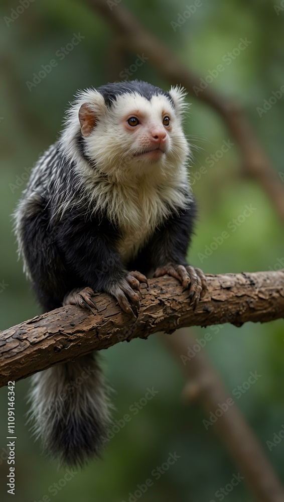 Fototapeta premium White-headed marmoset perched on a branch.