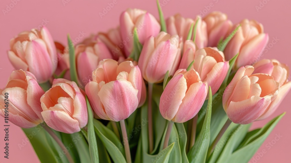 Fototapeta premium Fresh pink tulips arranged in a decorative vase, perfect for home decor or gift