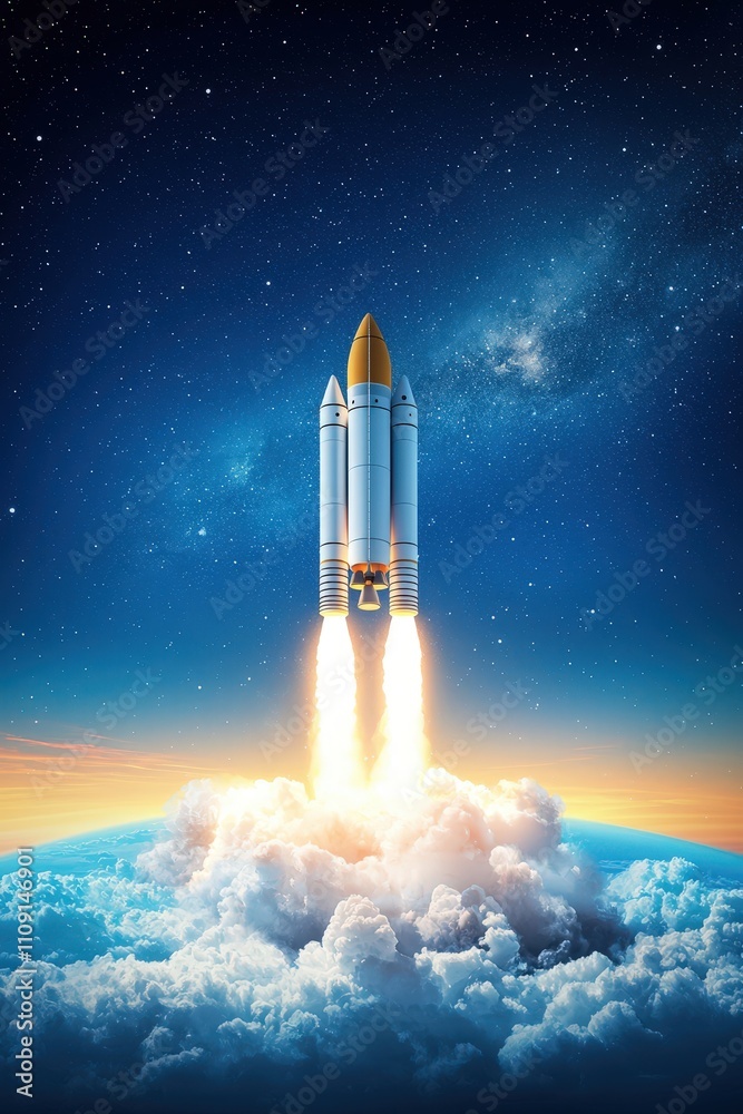 Obraz premium Rocket Launch Into Space with Dramatic Clouds