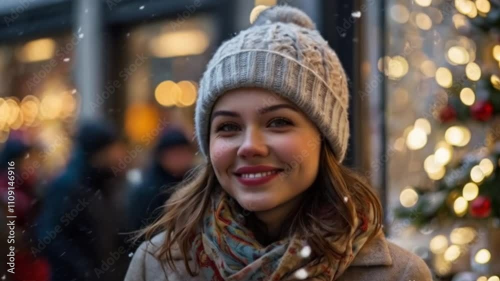 Smiling woman in a cozy winter outfit enjoying falling snowflakes, with festive lights in the background. Slow-motion video captures the joyful moment Smiling woman in a cozy winter outfit enjoying falling snowflakes, with festive lights in the background. Slow-motion video captures the joyful moment