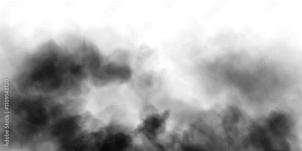 Obraz premium Bright black Smoke Cloud Illustration. Fantastic black smoke. Magic smoke. Smog cloud on podium or stage. Fog vapor over ground or water surface, magic haze. PNG.