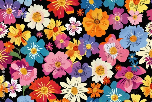 Floral pattern design with vibrant colors on a dark background, featuring various flowers in different shapes and sizes, creating a lively and cheerful atmosphere