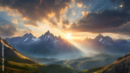 Mountain Sunrise – A breathtaking view of sun rays breaking through scattered clouds, illuminating the rugged peaks and valleys below.