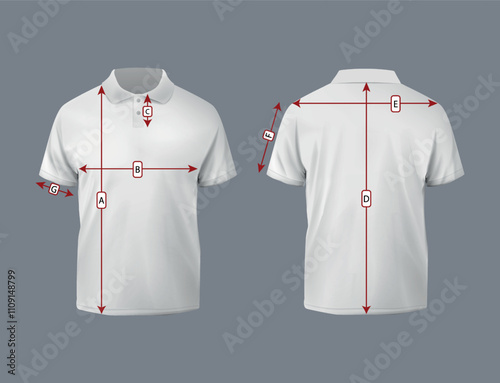 Measures polo shirt. Size Chart Sketch of front and rear views.
