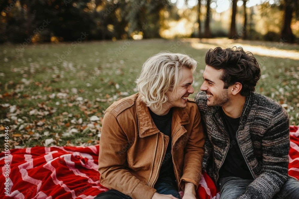 Fototapeta premium Valentine’s Day romantic picnic, date ideas, diverse couple sitting on the blanket enjoying moment together smiling, LGBTQ+, celebrating love, outdoor settings designs, ads, cards, inclusivity.