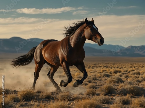 Wild horse galloping across a dynamic, open plain.