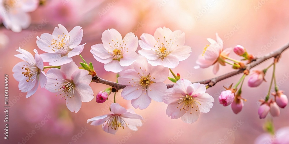 Obraz premium Delicate pink blossoms emerging from the branch, basking in the gentle glow of a spring sunrise.