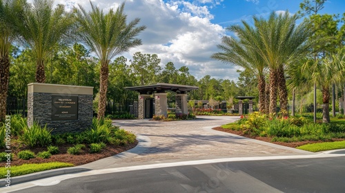 Luxurious gated community entrance with palm trees, landscaping, and stone signage under a sunny sky.