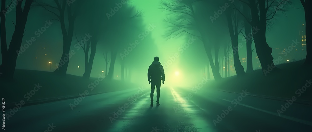 Fototapeta premium A man stands at a crossroads of roads glowing with a greenish glow, choosing his path