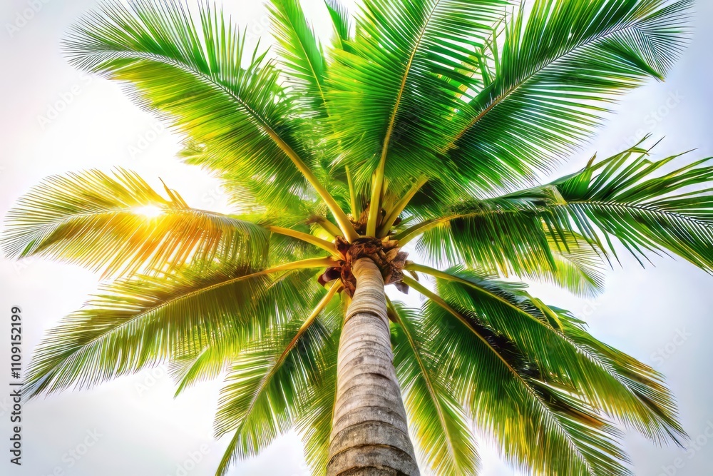 Fototapeta premium A Serene Coconut Tree Stands Alone on a Bright White Background, Showcasing Its Textured Trunk and Lush Green Fronds for a Tranquil Tropical Atmosphere