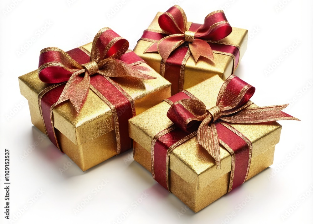 Obraz premium Elegant Gift Boxes Wrapped in Gold and Red Ribbons Isolated on a Crisp White Background Perfect for Celebrations, Holidays, and Special Occasions - A Visual Delight for Seasonal Decor and Gifting