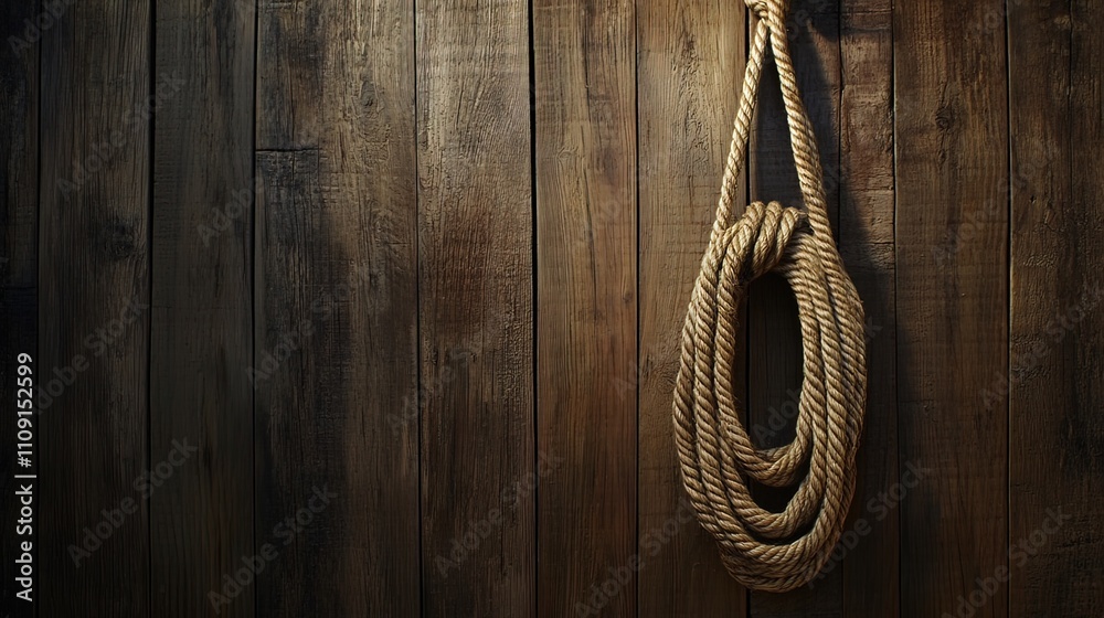 Obraz premium Coiled rope hanging on a rustic wooden wall.