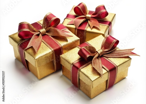 Elegant Gift Boxes Wrapped in Gold and Red Ribbons Isolated on a Crisp White Background Perfect for Celebrations, Holidays, and Special Occasions - A Visual Delight for Seasonal Decor and Gifting