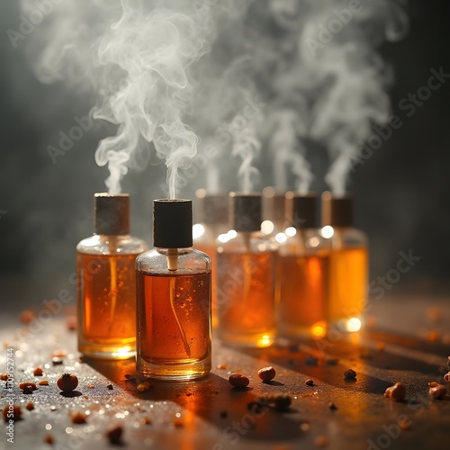 Enigmatic Elixirs: Unlabeled Perfume Bottles in a Mysterious Mist photo