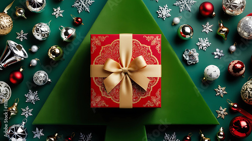 Luxurious Red Gift Box with Golden Ribbon on a Festive Background