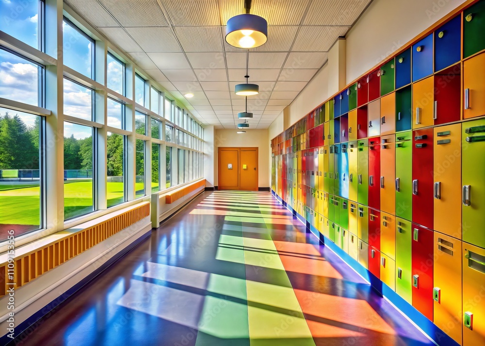 Fototapeta premium A Vibrant School Hallway Captured in Architectural Photography Showcasing Bright Colors, Modern Design, and Engaging Learning Environment for Children