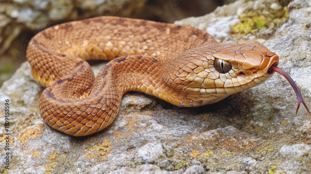 Close-up shot of a snake coiled on a rock, perfect for nature or wildlife photography Close-up shot of a snake coiled on a rock, perfect for nature or wildlife photography