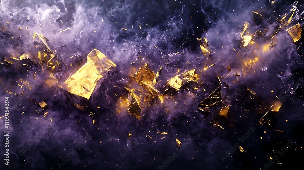 Obraz premium A chaotic burst of smoky textures in deep lavender and metallic golden yellow tones, forming jagged, unpredictable shapes against a smoky black.