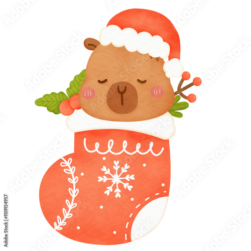 Cute cartoon watercolor Capybara Christmas character decoration new year party greeting card