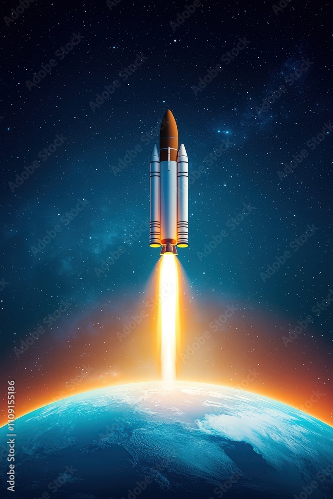 Fototapeta premium Rocket Launching into Space with Bright Flames and Stars