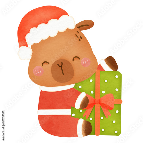 Cute cartoon watercolor Capybara Christmas character decoration new year party greeting card