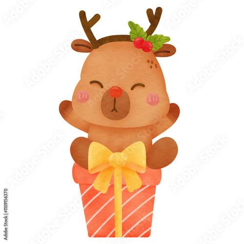 Cute cartoon watercolor Capybara Christmas character decoration new year party greeting card