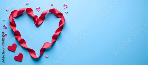 Red ribbon heart and pink paper hearts on blue background