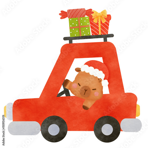 Cute cartoon watercolor Capybara Christmas character decoration new year party greeting card