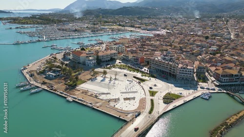 Aerial drone video of the city and island of Lefkada, a holiday destination in Greece. photo